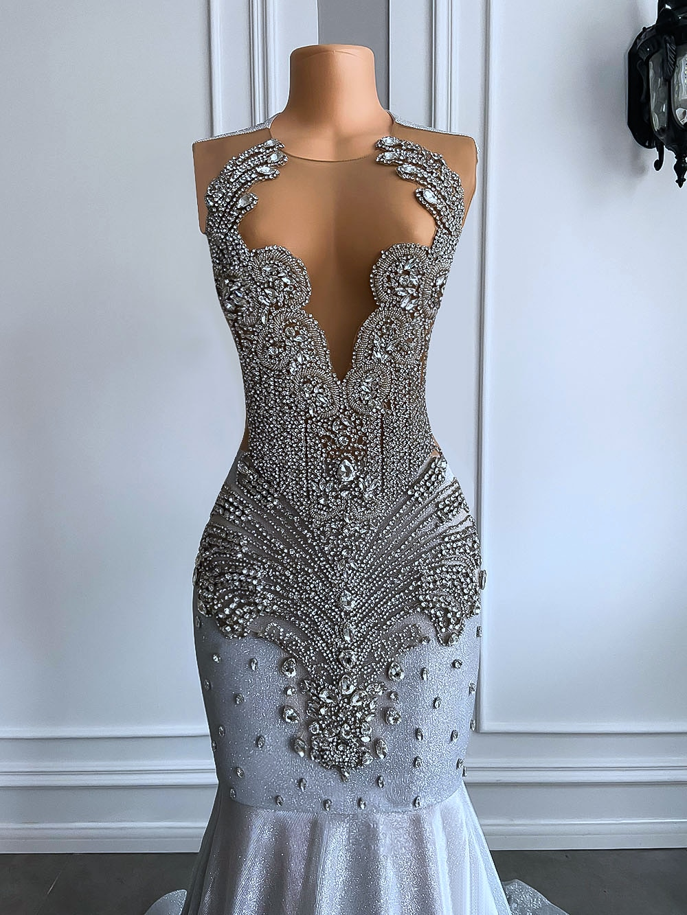 Women Silver Long Mermaid Prom Dresses Sexy Sheer Mesh Luxury Sparkly Handmade Diamond Black Girl Prom Gala Gown
