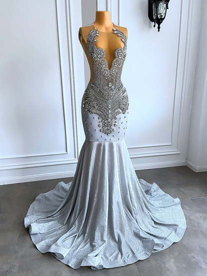 Women Silver Long Mermaid Prom Dresses Sexy Sheer Mesh Luxury Sparkly Handmade Diamond Black Girl Prom Gala Gown
