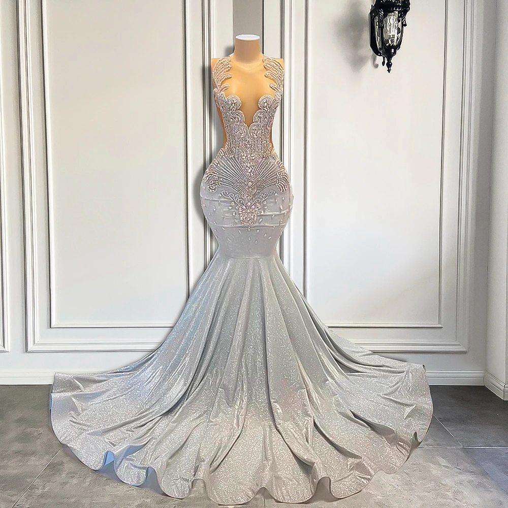 Women Silver Long Mermaid Prom Dresses Sexy Sheer Mesh Luxury Sparkly Handmade Diamond Black Girl Prom Gala Gown