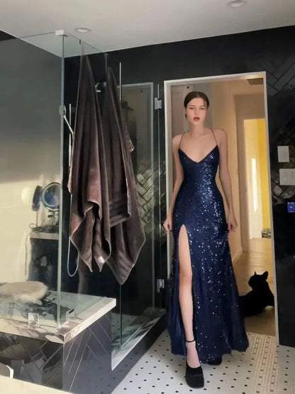 Womens Navy Sequined Slitted Spaghetti Strap V Neck Full-Length Prom Gowns Dresses
