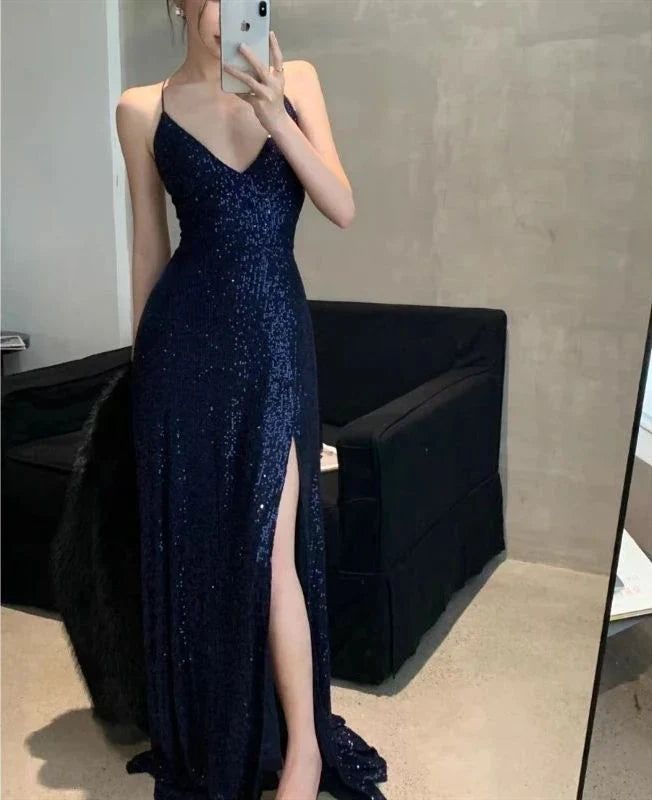 Womens Navy Sequined Slitted Spaghetti Strap V Neck Full-Length Prom Gowns Dresses