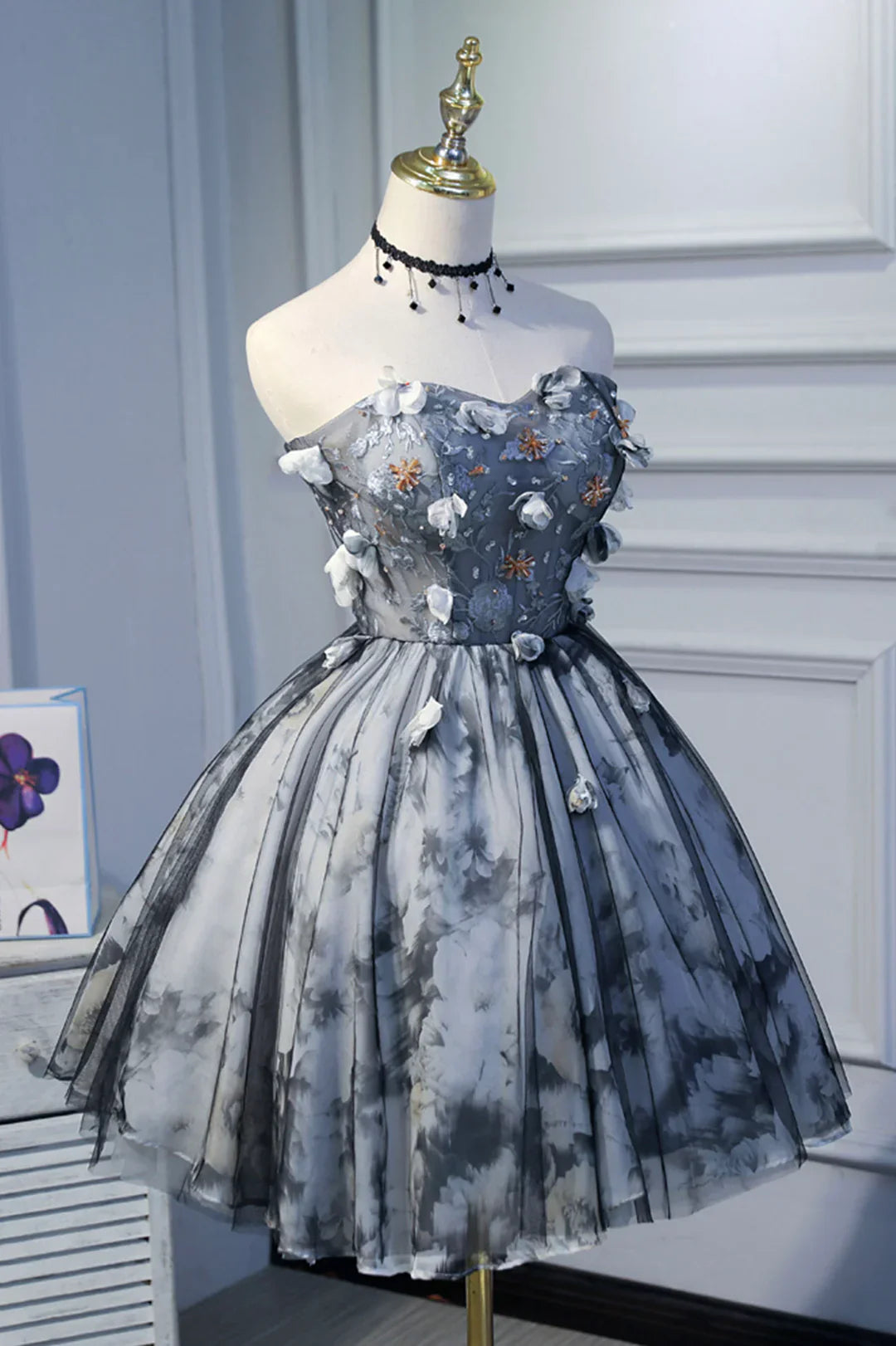 Elegant Homecoming Dress Sweetheart Tulle Flowers Short Prom Dress Back to School Outfits Party Dress  D6094