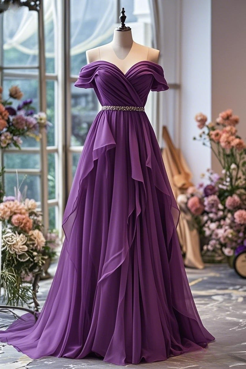 Yellow/Purple A-Line Off-Shoulder Chiffon Long Prom Dresses Prom Gowns