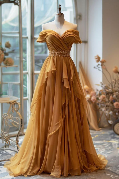 Yellow/Purple A-Line Off-Shoulder Chiffon Long Prom Dresses Prom Gowns
