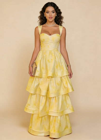 Pastel Yellow Ruffle Tiered A-Line Long Party Prom Dress MD7722