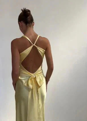 Yellow V-Neck Backless Fashion Elegant Long Satin Ball Gowns Prom Dress Wedding Guest Prom Dresses