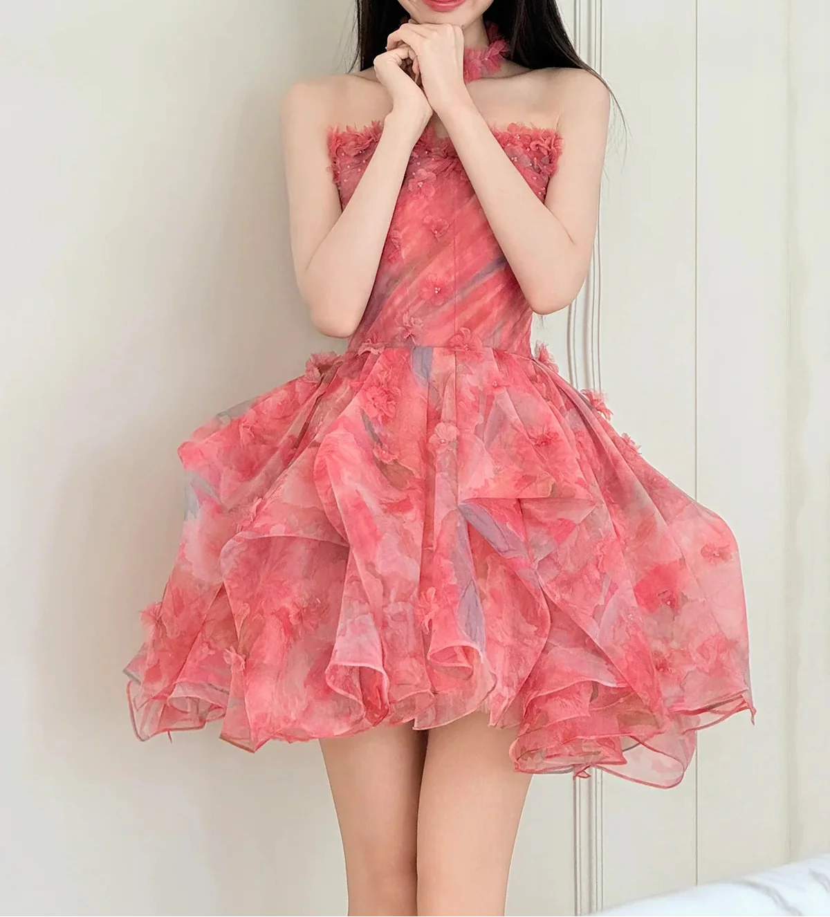 Charming Homecoming Dress Strapless Floral Tulle Short  Pleated Short Prom Dress Back to School Outfits Party Dress  D6016