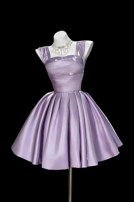Pretty Homecoming Dress Square Pleated Short Prom Dress Back to School Outfits Cocktail Dress D6009